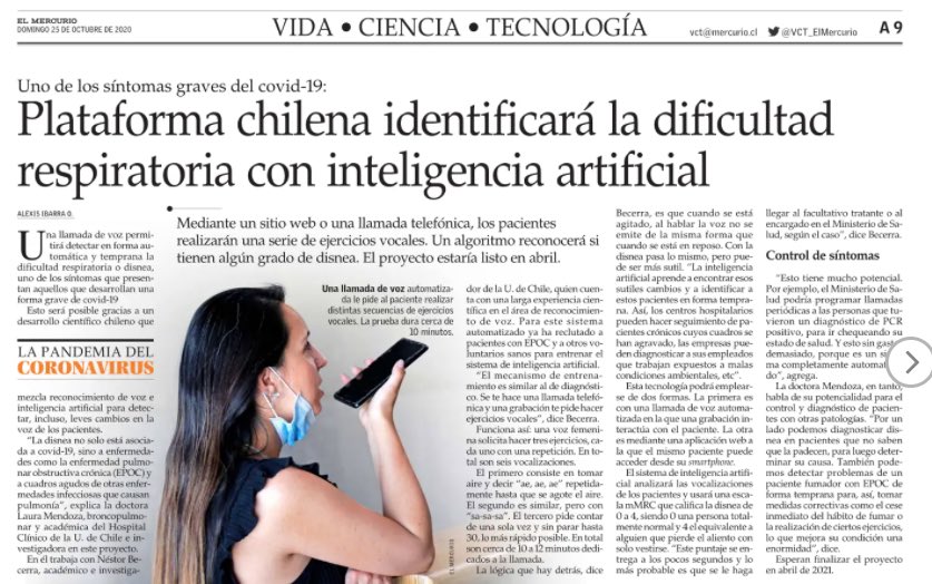 DIE_UChile's tweet image. #SomosDIE 
Hoy, en El Mercurio:  Académicos de la Universidad de Chile trabajan en la detección de enfermedades pulmonares utilizando,  el último hito de la Inteligencia Artificial, la voz

Trabajo liderado por nuestro profesor, Néstor Becerra Yoma.