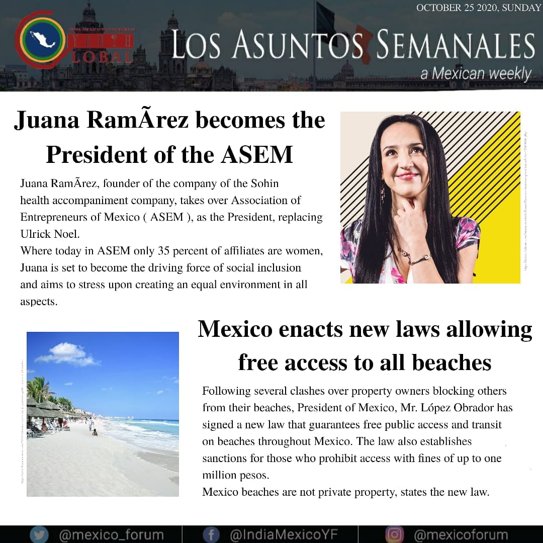 mexico_forum's tweet photo. India-Mexico Youth Forum presents its seventh issue of 'Los Asuntos Semanales', a weekly, which aims to highlight the recent happenings in Mexico.

#mexicannews #weeklyissue #mexico #tourismsector #mexicangovernment https://t.co/iLBbhCarV5