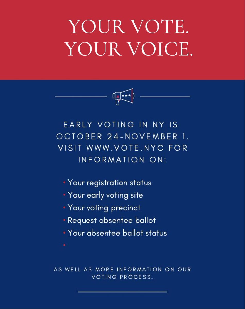 DSTQuAC's tweet photo. Early voting in NY is from Oct 24- Nov 1. Find your assigned early voting site by going to https://t.co/d6N5tZjYIP
๐ณ
#dstquac #dstquacsocialaction #PowerInOurVoice
#powerinourvote #d9votes #teamunity
#deltasvote
#Ivotebecause
#whyivote
#dstquacvote #gotv #BlackVotersMatter https://t.co/iivDZhJeoy