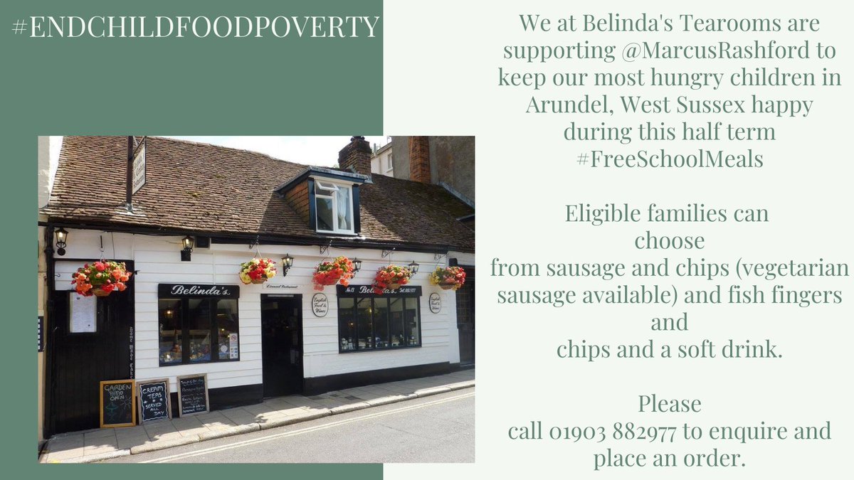 Cmarchant_'s tweet photo. @MarcusRashford  
On behalf of the Arundel community #Belindastearooms will be providing hot meals the week ahead for families.

🗓 Mon 26 Oct 2020 - Friday 30 Octo 2020
🏛 Belinda's Tearooms, Arundel BN18 9DG

Please follow #Covid19 rules.

#EndChildFoodPoverty #FreeSchoolMeals https://t.co/5D6XD9Ry9K