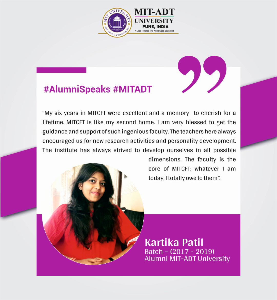mitadtpune's tweet image. Our University Alumni are making an impression in organisations around the world. They all have one thing in common-their MIT-ADT University qualification. Read what Kartika Patil student of #MITCFT batch 2016-18 has to say about her experience. #AlumniMITADTU #MITADT #University