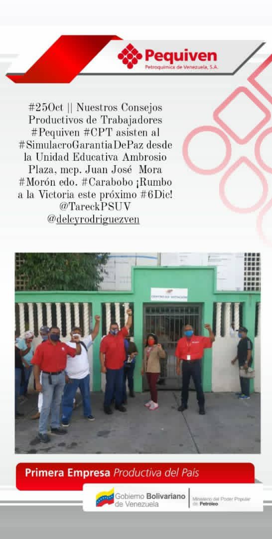 #25Oct || Nuestros Consejos Productivos de Trabajadores #Pequiven #CPT asisten al #SimulacroGarantiaDePaz desde la Unidad Educativa Ambrosio Plaza, mcp. Juan José  Mora #Morón edo. #Carabobo ¡Rumbo a la Victoria este próximo #6Dic!
@TareckPSUV
@drodriven2
@eduardopiate2