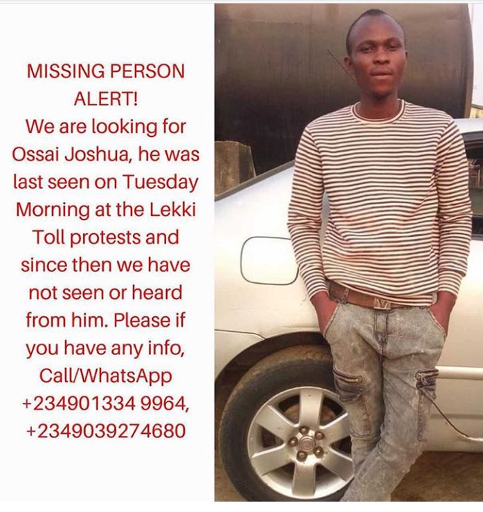 rebeccaogechi_'s tweet photo. ossai Joshua is missing, please help retweet, someone who knows his where about might be on your tl. He was last seen at the protest on Tuesday.

Church | Lagos State governor| wahala | Borno | CACOVID | Kidd | congoisbleeding | toto https://t.co/Yp8oKmZ88C