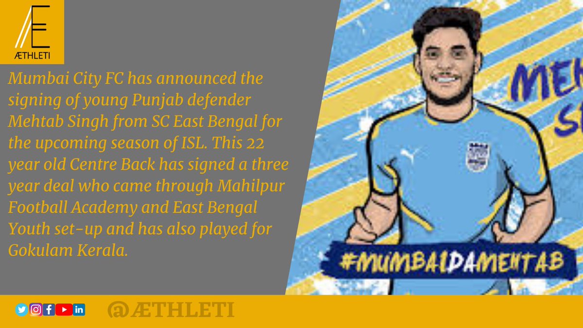 AethletiSports's tweet photo. Mumbai City FC sign young Centre Back Mehtab Singh from SC East Bengal.
#MehtabSingh #Punjab #CentreBack #YouthSetup #MahilpurFootballAcademy https://t.co/kqWUZEDzzt