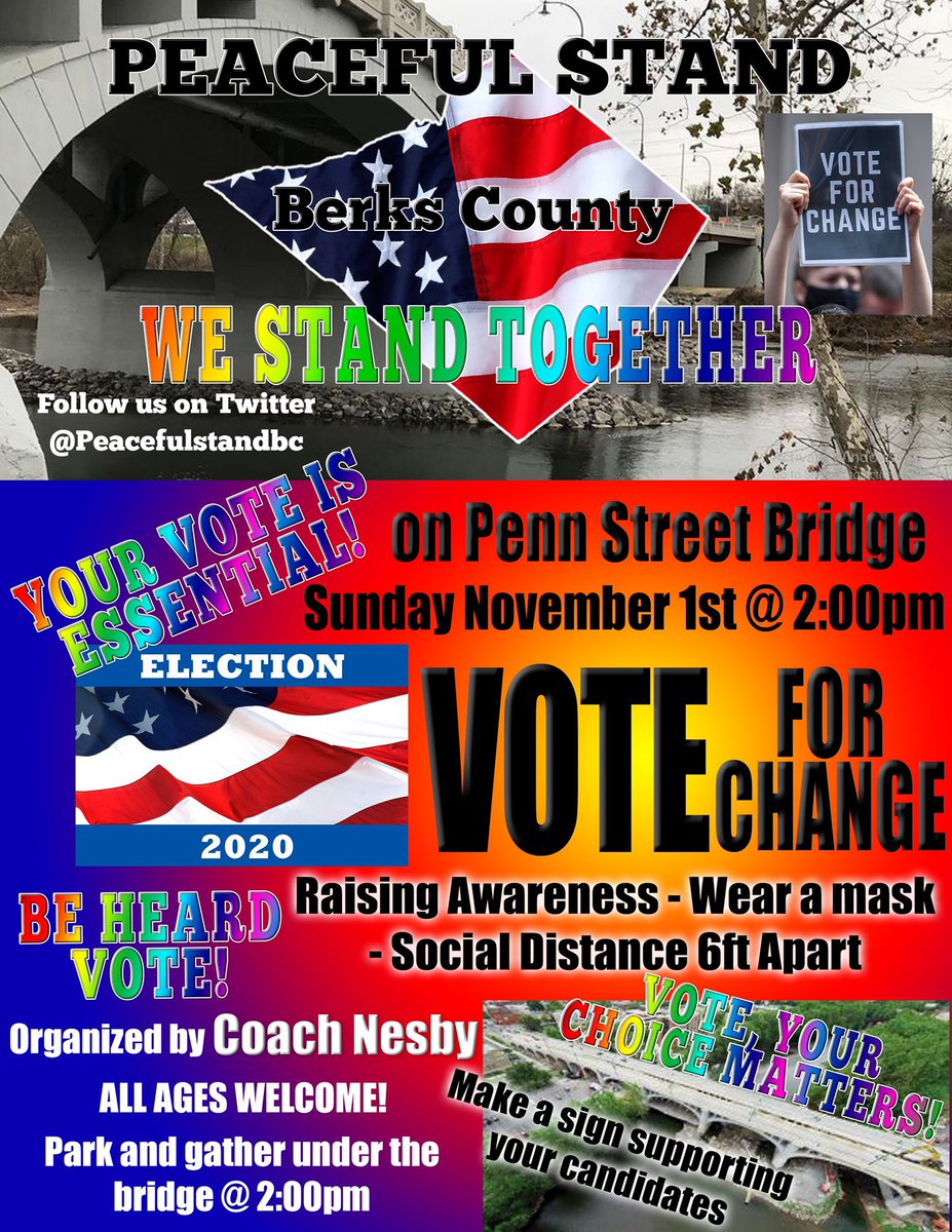Come out November 1st and encourage people to VOTE. Kids and adults are allowed. This will be a great atmosphere, let’s show Berks County that Republicans, Democrats and independent voters can do this Peacefully. We’re about PEACE. Stand For 1 hour  <a href="/adoreciel/">sky</a> <a href="/BerksStandsUp/">Berks Stands Up</a>