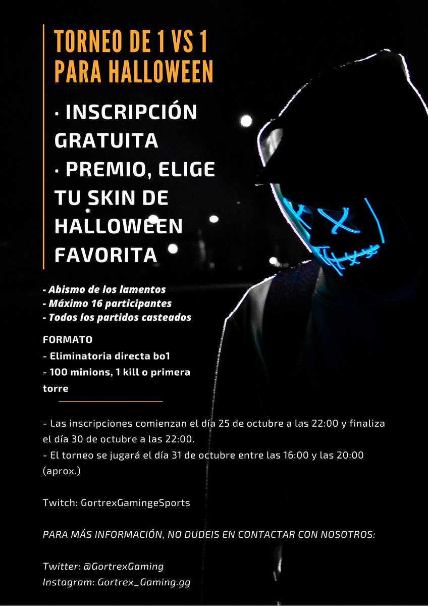 ¡Torneo 1vs1 Halloween!
 
Para participar:
1. Seguirnos en Twitter, like a la publicación + retweet y comenta con la palabra "Participo".
2. Seguirnos en Instagram y like a la publicación

Premio
Elige tu skin de Halloween favorita