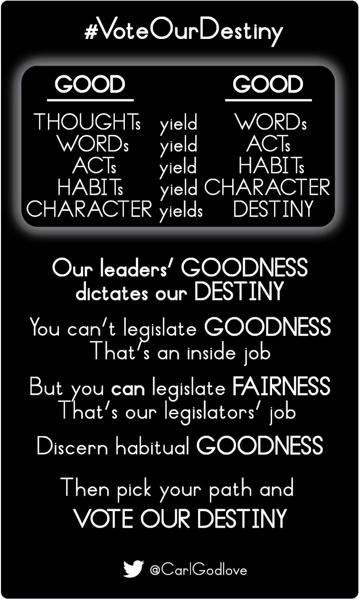 CarlGodlove's tweet photo. We will #VoteOurDestiny this election

GOOD THOUGHTs breed GOOD ACTs
And WORDs bear their witness
When you look, SEE
When you listen, HEAR

GOODNESS breeds FAIRNESS
FAIRNESS breeds PEACE
I Voted Our Destiny accordingly

@ProjectLincoln @gtconway3d @ClareMalone @FiveThirtyEight https://t.co/fxh1Wezohf