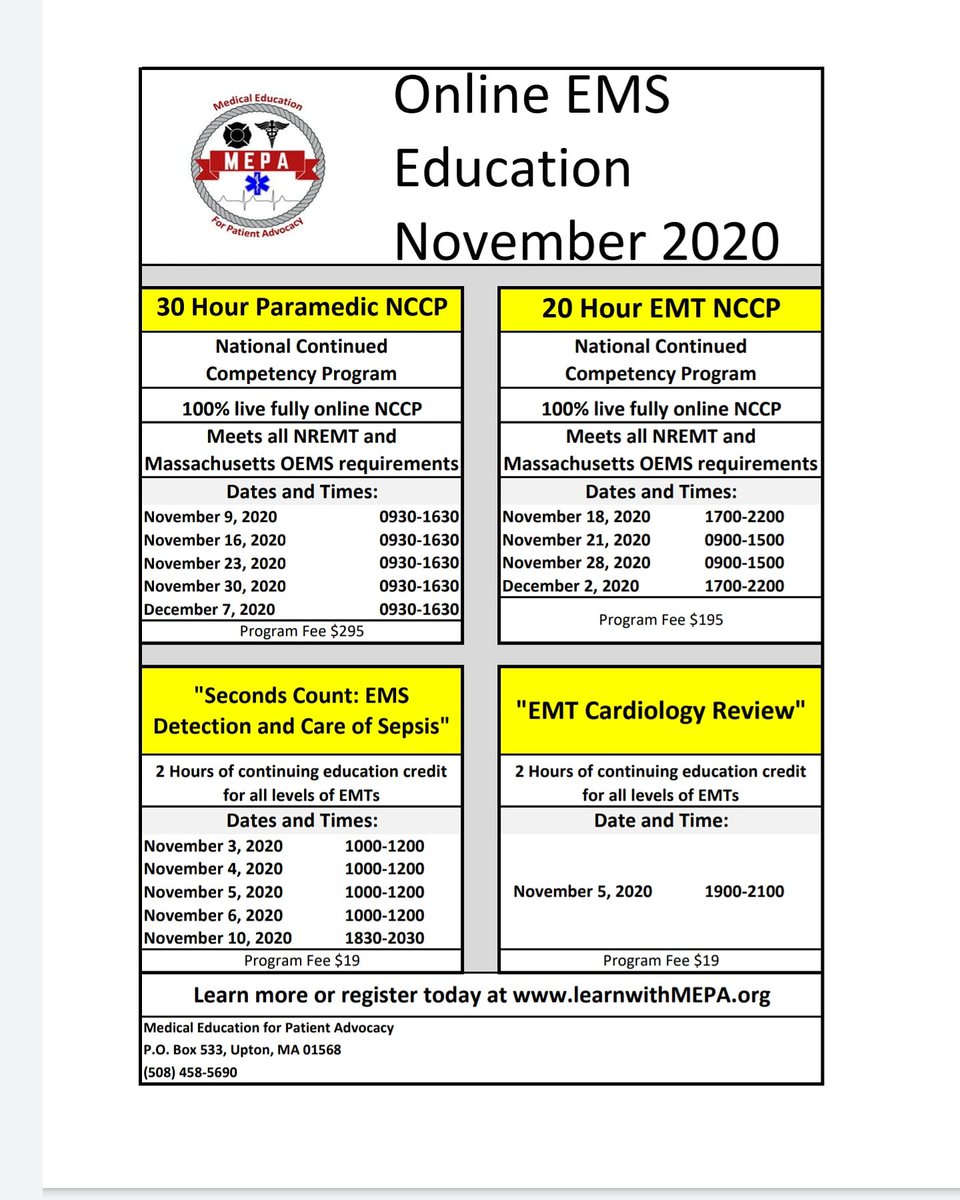 rgfdmedic's tweet image. November&apos;s EMS Education
#emtbforums #emtbasic #emtbnews #emtlife #emts #emtb #emt #paramedics #continuingeducation #paramedic #paramedicrefresher
#ems #emseducation #emtrefresher #nccp #nccr #medic #medicrefresher