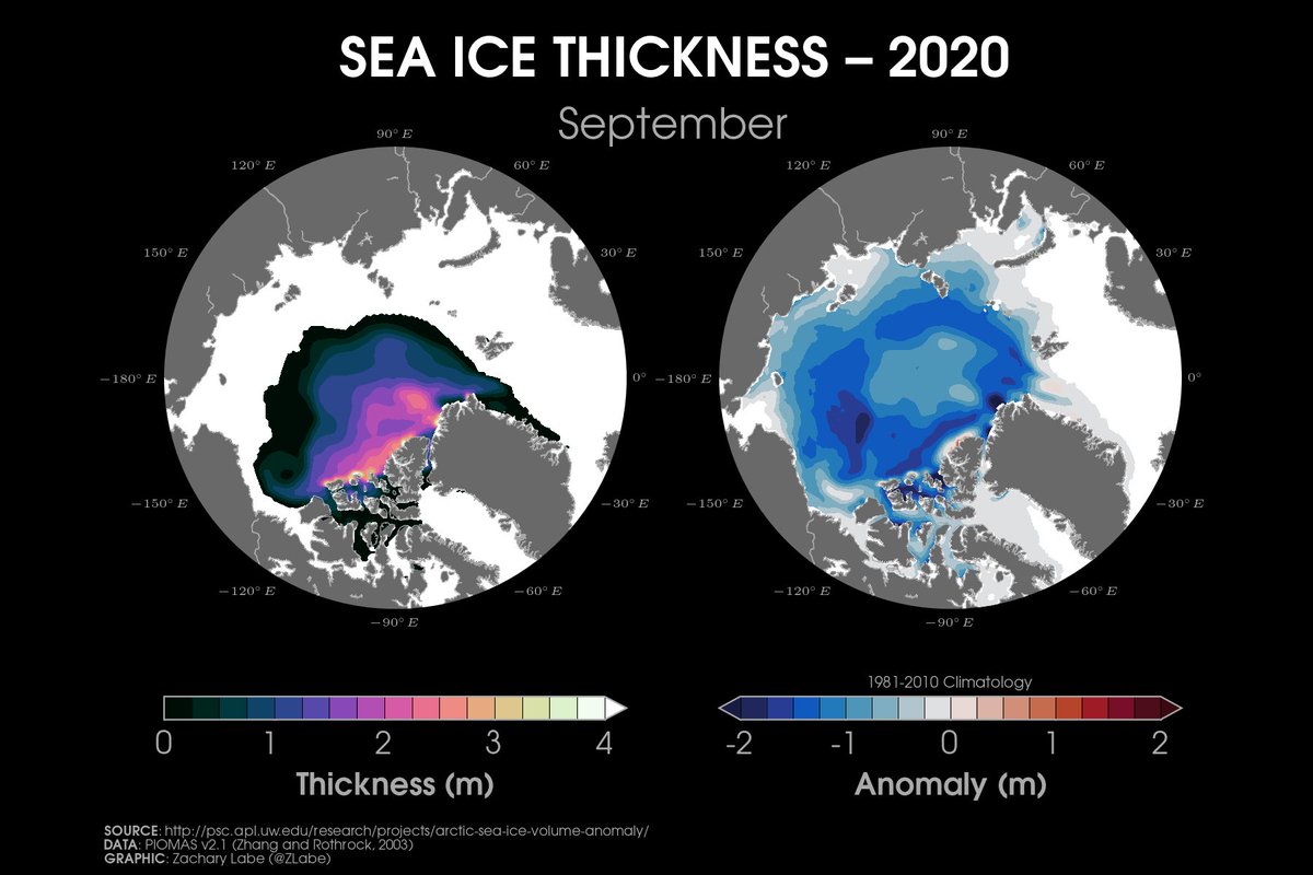 Two polar stereographic maps of mean September Arctic sea ice thickness and its anomalies compared to 1981-2010