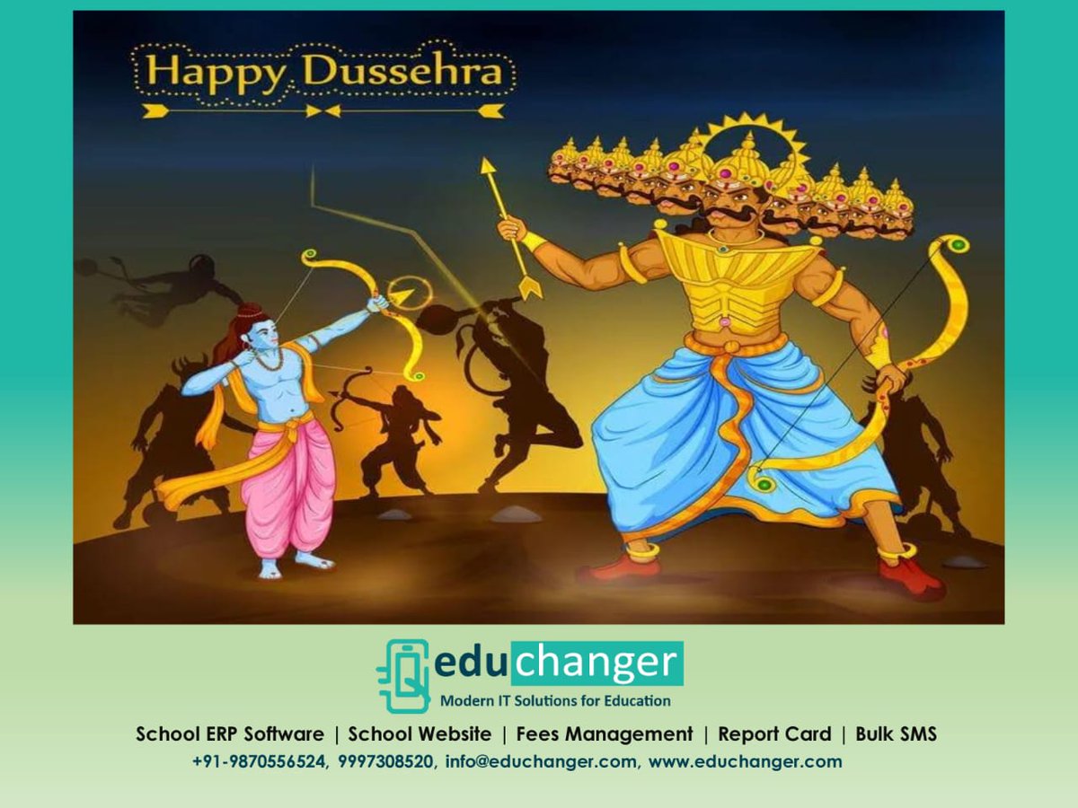 Wishing you & your family a very Happy Dussehra. Dussehra symbolizes the victory of good over evil.
By:-
EduChanger Solutions
School/College ERP
https://t.co/sf7e9HZPJN
9997308520
#HappyDussehra #Schoolsoftware #management #school #kidzee #Erp #college #education #educhanger https://t.co/G1fvgSf0ti