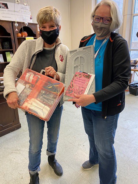 BtownTWarehouse's tweet image. Awed by the collection of jewelry supplies in the mega-project box she won, Lori Walsh (OVHS Art teacher) gets help from Volunteer Joanie to show it off.