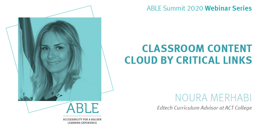 Accessibility for a Bolder Learning Experience (@ablesummit) on Twitter photo Our webinar with Noura Merhabi, Edtech Curriculum Advisor at ACT College, is coming closer!
Join us this Thursday, 29 October at 5 pm (GMT+2).
Webinar Link: bit.ly/3mmDOyM
#AUB #BATA #NIC #a11yto #W3C #TextHelp #edtech #highereducation #digitalaccessibility #inclusion Our webinar with Noura Merhabi, Edtech Curriculum Advisor at ACT College, is coming closer!
Join us this Thursday, 29 October at 5 pm (GMT+2).
Webinar Link: bit.ly/3mmDOyM
#AUB #BATA #NIC #a11yto #W3C #TextHelp #edtech #highereducation #digitalaccessibility #inclusion