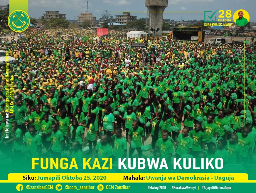 ccm_zanzibar's tweet photo. Umati wa Wanachama wa Chama Cha Mapinduzi na Wananchi wa Mkoa wa Mjini Magharibi wakiwa katika Uwanja wa Demokrasia Kibandamaiti kwenye mkutano wa kufunga Kampeni za Chama cha Mapinduzi Unguja Leo Oktoba 25, 2020.

#Mwinyi2020✅
#KuraKwaMwinyi
#YajayoNiNeemaTupu https://t.co/k4OY0VXTrs