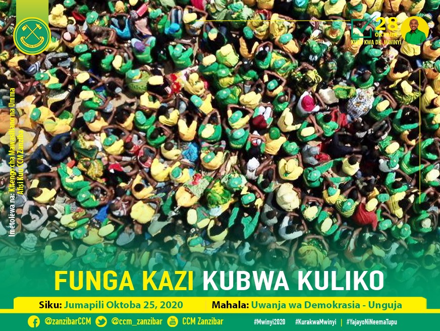 ccm_zanzibar's tweet photo. Umati wa Wanachama wa Chama Cha Mapinduzi na Wananchi wa Mkoa wa Mjini Magharibi wakiwa katika Uwanja wa Demokrasia Kibandamaiti kwenye mkutano wa kufunga Kampeni za Chama cha Mapinduzi Unguja Leo Oktoba 25, 2020.

#Mwinyi2020✅
#KuraKwaMwinyi
#YajayoNiNeemaTupu https://t.co/k4OY0VXTrs