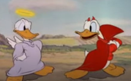 ダックテイルズ』よりデラ・ドナルド姉弟の1コマ。 天使と悪魔の衣装を