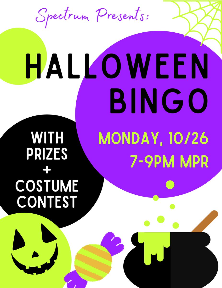 SpectrumFred's tweet image. Tomorrow night is Halloween Bingo! Come to the MPR from 7-9 for a chance to win prizes (and for free cookies 👀). Wear your best costume for a chance to win a giftcard 👻