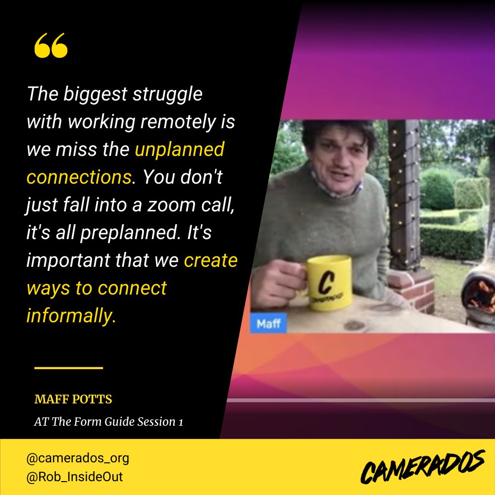 Camerados_org's tweet image. A week ago, @MaffPotts spoke with @Rob_InsideOut from #FormScore in the first session of ‘The Form Guide’ event series. Maff and Rob spoke about some of the tough times folks are having with connecting in the workplace. 

You can watch it back here: linkedin.com/video/live/urn…