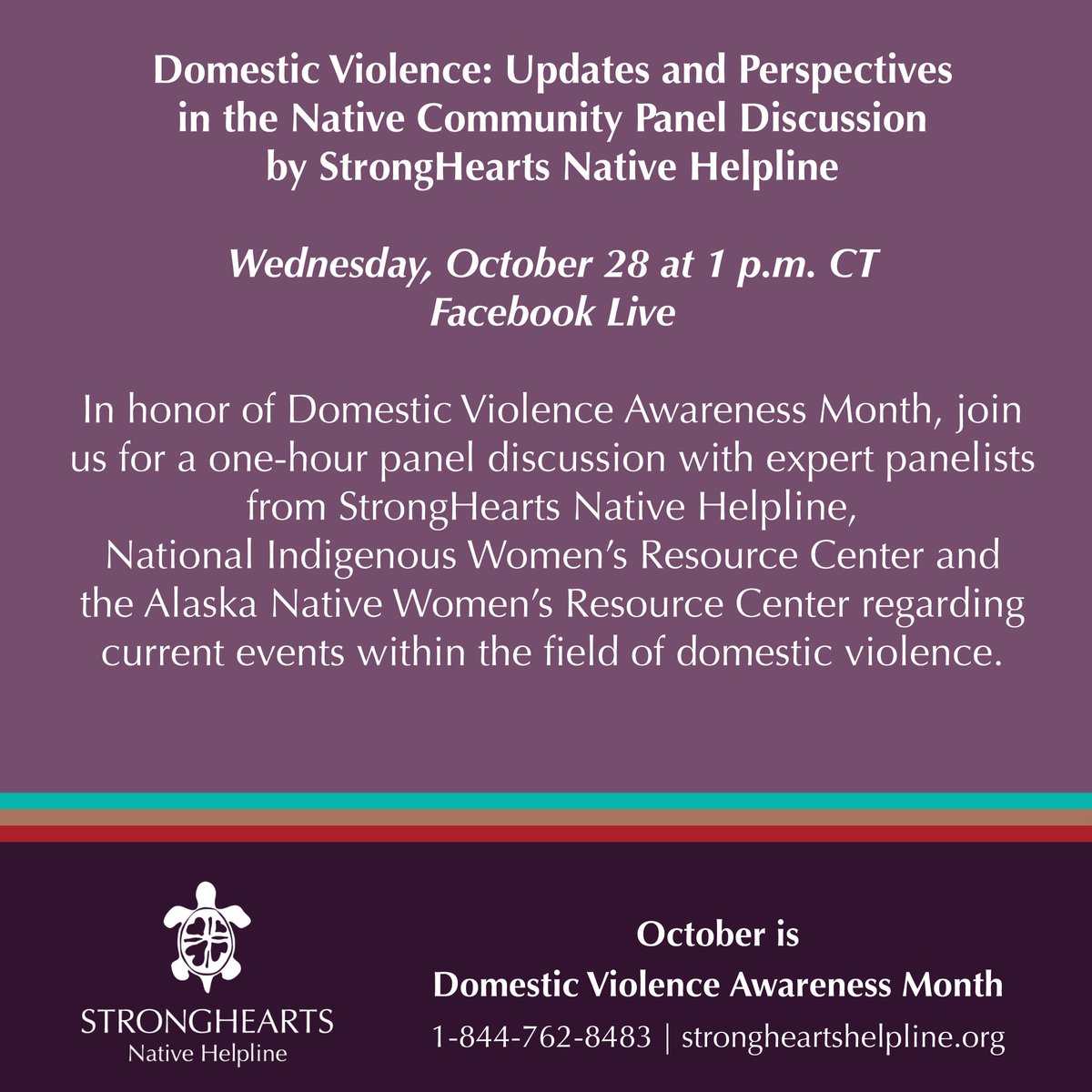 niwrc's tweet photo. October is Domestic Violence Awareness Month. Join @strongheartsdv on October 28 at 12pm MT for Domestic Violence: Updates and Perspectives in the Native Community, a Facebook Live Panel Discussion. Tune and share the live stream! π https://t.co/4JribCkpN6 #NativeDVAM #DVAM2020 https://t.co/gt7DBtWZJX