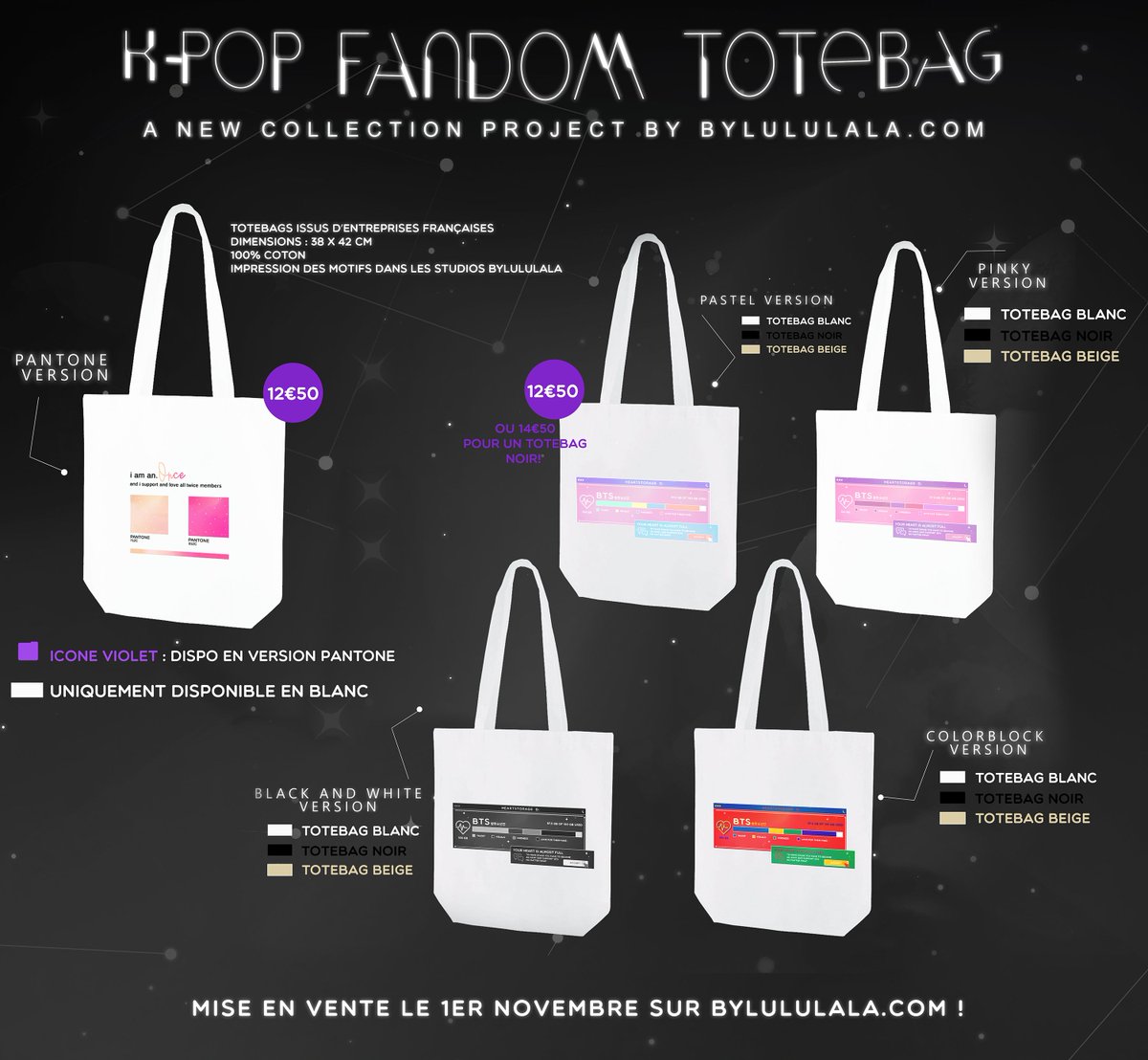 lululalatelier's tweet photo. [NOTICE] K-POP FANDOM TOTEBAG PROJECT (https://t.co/d4fyGXK50n) ! 💜

259 GROUPES/ARTISTES, 5 VERSIONS, 3 COULEURS DISPONIBLES ! ✨

Mon plus gros projet est enfin là, je compte sur vos retweets LULULAYs ! 🙏

Mise en vente dimanche prochain, je compte sur vous ! 📅 https://t.co/OCzDsqjs98