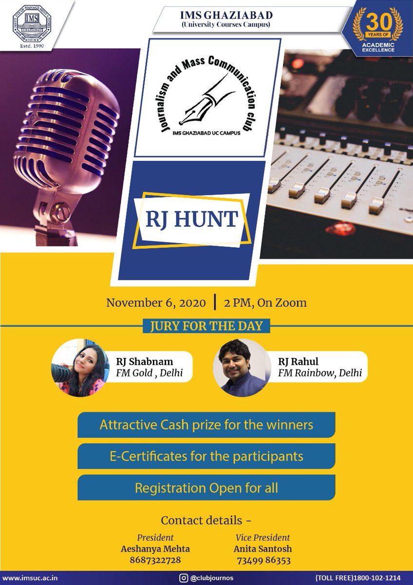 imsuc_campus's tweet photo. For all those with the gift of the gab and a good ear for music,
The Journalism &amp; Mass Communication Club  is here with school level competition "RJ Hunt" for the budding RJs 🎤.
 If you are a young, spirited , fun loving person  then this is the perfect opportunity. 

#RJHunt https://t.co/q4D5rjUC2I