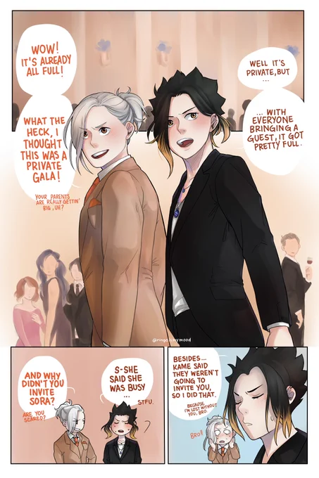 KuroKen organized a Business Gala, in which every guest could bring a partner. Tsunage couldn't invite Sora, so he decided to ask Nekkon, who joined him trouble-free. By the way, during the party, someone interrupts them... 
#haikyuu #haikyuunextgeneration #kuroken #tsora 