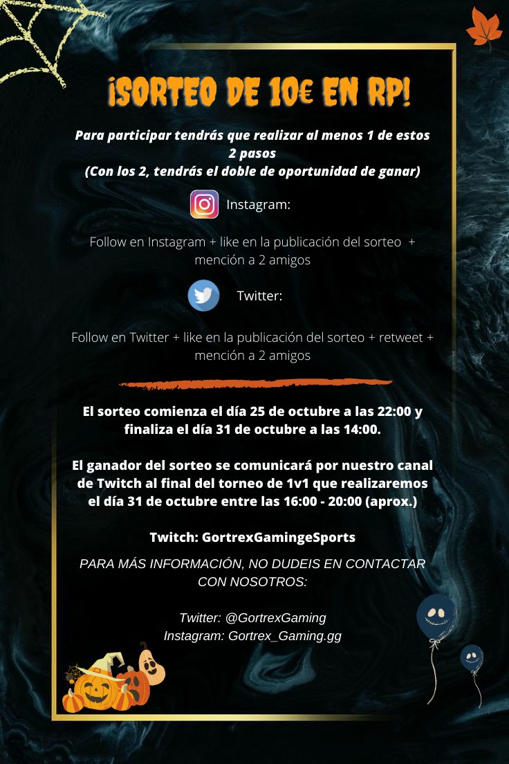 ¡Sorteo 10€ en RP! 

Realiza uno de estos pasos (Con los 2, el doble de oportunidad a ganar)
1.Follow en Twitter+like+retweet+mención a 2 amigos
2.Follow en Instagram+like+mención a 2 amigos 

Finaliza el día 31/10 a las 14:00. El ganador se anunciará en nuestro canal de twitch.