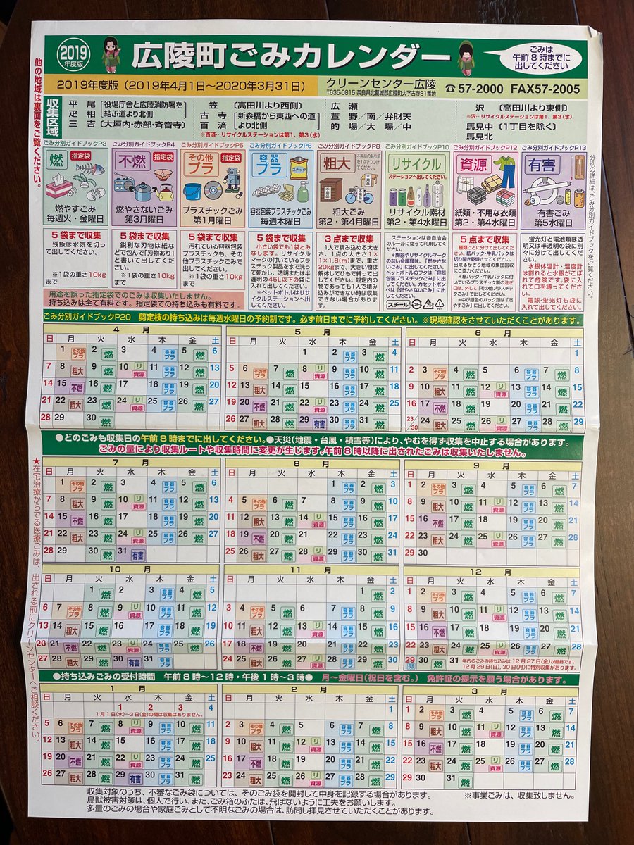 Okay, let's talk scheduling. To make life "easier", the manual came with a two-sided annual calendar insert (we were on the green schedule). Even if you don't know any Japanese, you can see that some categories are on a regular cadence, others monthly, a couple collect quarterly.