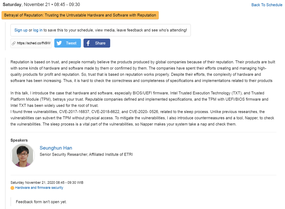 kkamagui1's tweet photo. I'm excited to present my talk again at Virtual AppSec Indonesia 2020 https://t.co/tsMMbWZOGB @sched. Thank you for inviting me, @OwaspJakarta. It is maybe the last talk of this year, and I hope to come with a new topic next year! #TPM #Napper #Bitleaker https://t.co/UdlOicHEU0