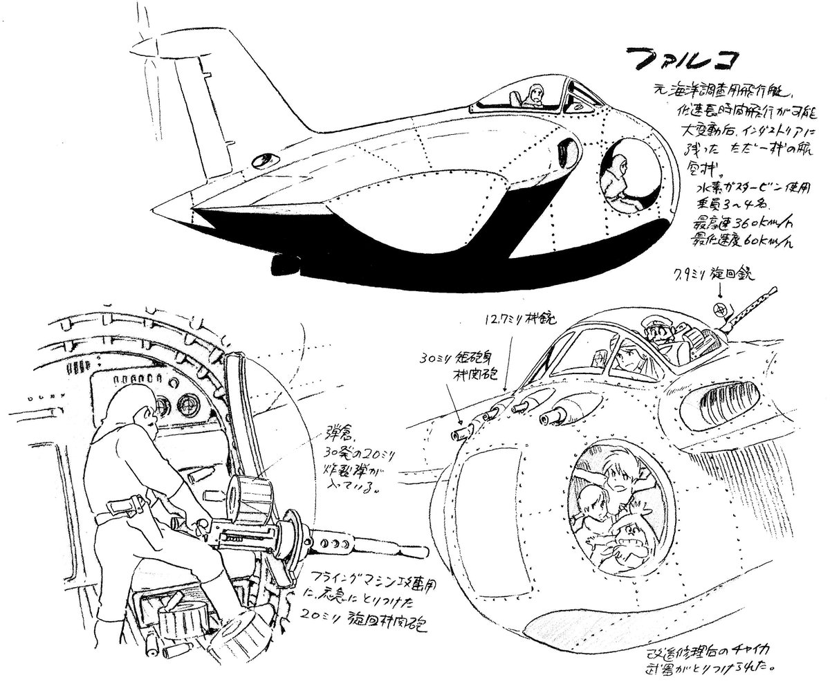 【ファルコ】(設定旧名 チャイカ)
インダストリアが有する唯一の飛行機械。元は非武装の海洋調査用飛行艇。全長7.8メートル、全幅14.7メートル、全高4.65メートル、重量4.7トン、最大速度360キロ。
定員3名+補助席1名。水素ガスタービンエンジン、プロペラ駆動。(続
#未来少年コナン 
