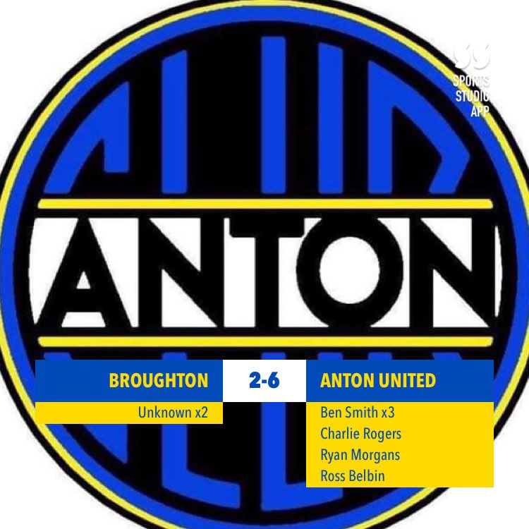 Broughton 2-6 Anton United 

Great performance from the boys against a strong Broughton side👏🏻

Goalscorers 
<a href="/BebSmith9/">ben</a> ⚽️⚽️⚽️
<a href="/charlierogers7/">charlie rogers</a> ⚽️
<a href="/RyanMorgans7/">Ryan Morgans</a> ⚽️
<a href="/Belbs17/">Ross Belbin</a> ⚽️