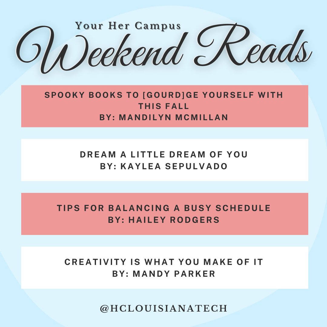 🎉We have some fresh articles out this weekend!🎉 
All of these articles are perfect for some weekend reading. Check them out using the link in our bio and have a wonderful weekend. 😊

#hclouisianatech #WeekendReads #ArticleSpotlight #hercampus #spookyszn