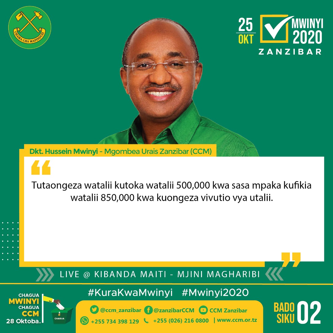 ccm_zanzibar's tweet photo. Nukuu za Mgombea Urais wa Zanzibar kwa tiketi ya Chama cha Mapinduzi (CCM) Ndugu @DrHmwinyi akiomba kura kwa Wananchi katika Mkutano wa kufunga Kampeni za CCM Zanzibar uliofanyika Uwanja wa Demokrasia Kibandamaiti Oktoba 25, 2020

#YajayoNiNeemaTupu
#KuraKwaMwinyi
#Mwinyi2020✅ https://t.co/PGTDvYsOYN