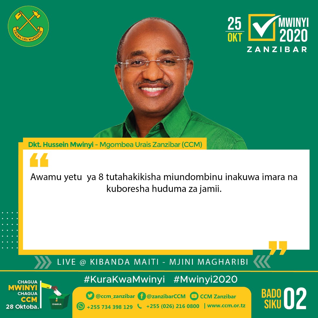 ccm_zanzibar's tweet photo. Nukuu za Mgombea Urais wa Zanzibar kwa tiketi ya Chama cha Mapinduzi (CCM) Ndugu @DrHmwinyi akiomba kura kwa Wananchi katika Mkutano wa kufunga Kampeni za CCM Zanzibar uliofanyika Uwanja wa Demokrasia Kibandamaiti Oktoba 25, 2020

#YajayoNiNeemaTupu
#KuraKwaMwinyi
#Mwinyi2020✅ https://t.co/8tMbbtcX7Q