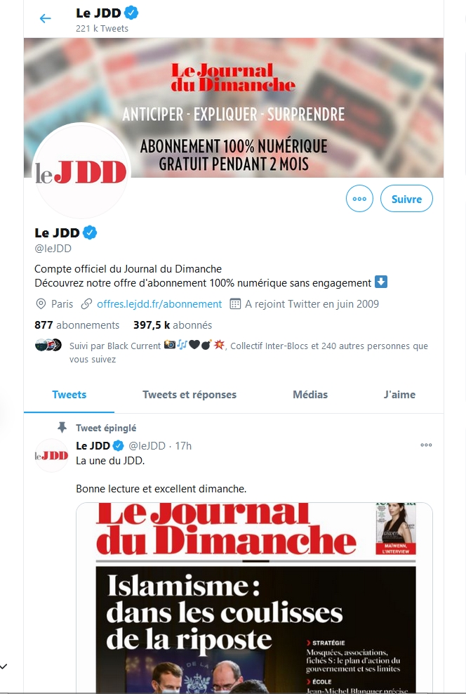 J'avais plusieurs pistes possibles dont je n'ai pas envie de parler, le rapport [fournir la preuve / avoir un impact] étant trop énergivore (c'est un vrai problème) mais la + vraisemblable s'oriente vers  @leJDD directement puisque twitter ne me le suggère plus, sans être bloquée.