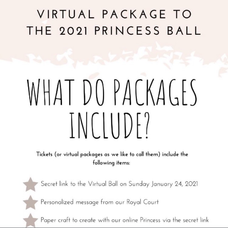 Remember ..... 
THE OFFICIAL PRINCESS BALL WEBSITE WILL BE LAUNCHING TOMORROW (Monday October 26) at 9:00am! 

Watch our social media pages today for a sneak peek at the virtual packages and extra special boxes!