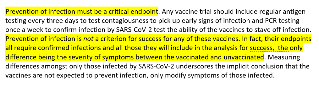15/n Or, non, ce n'est pas ce qui est fait. Les essais ne s'intéressent qu'aux sujets symptomatiques, et observent le nombre de sujets symptomatiques ayant des tests positifs au SARS-CoV2 (pour être testé il faut être symptomatique).