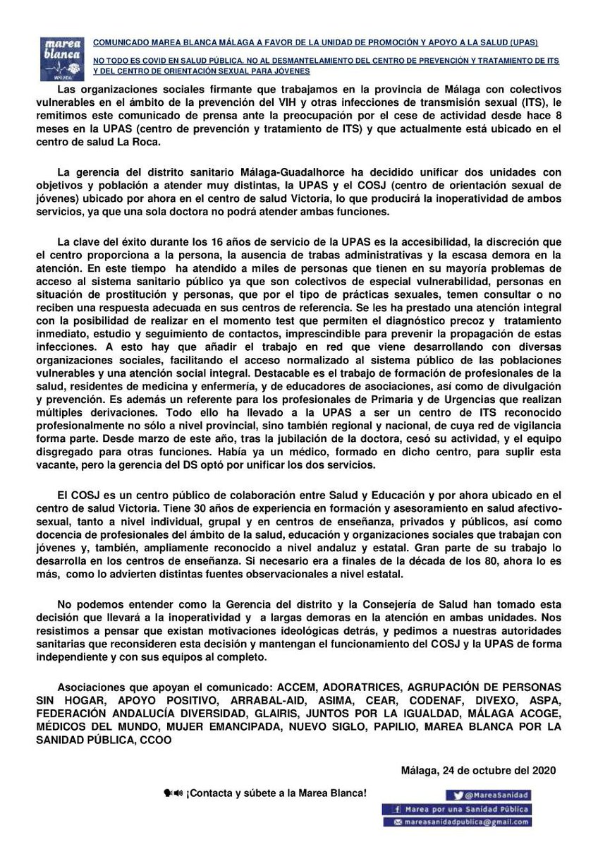 ¿Sabéis que la <a href="/saludand/">Consejería de Sanidad, Presidencia y Emergencias</a> sigue aprovechando que estamos muy preocupadas con la Covid19 para desmantelar servicios públicos? 
Ahora es el turno de la prevención y tratamiento de infecciones de transmisión sexual y el centro de orientación sexual para jóvenes 

Nuestro apoyo #UPAS