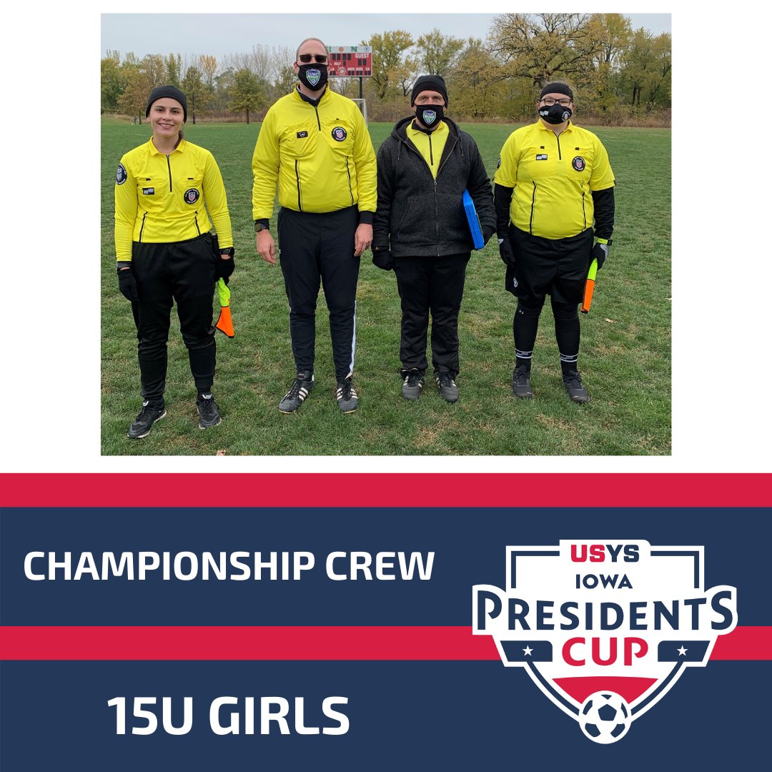 IowaSoccer's tweet photo. Congratulations to our 15U Girls Iowa Presidents Cup Official Crew - Alec Clark, Hannah Pallister, Jacqueline Spiegel, Rob Thelen #iowasoccer #IAPresidentsCup #usys #presidentscup #refereepathway #roadtoIA https://t.co/87pfLR16BB