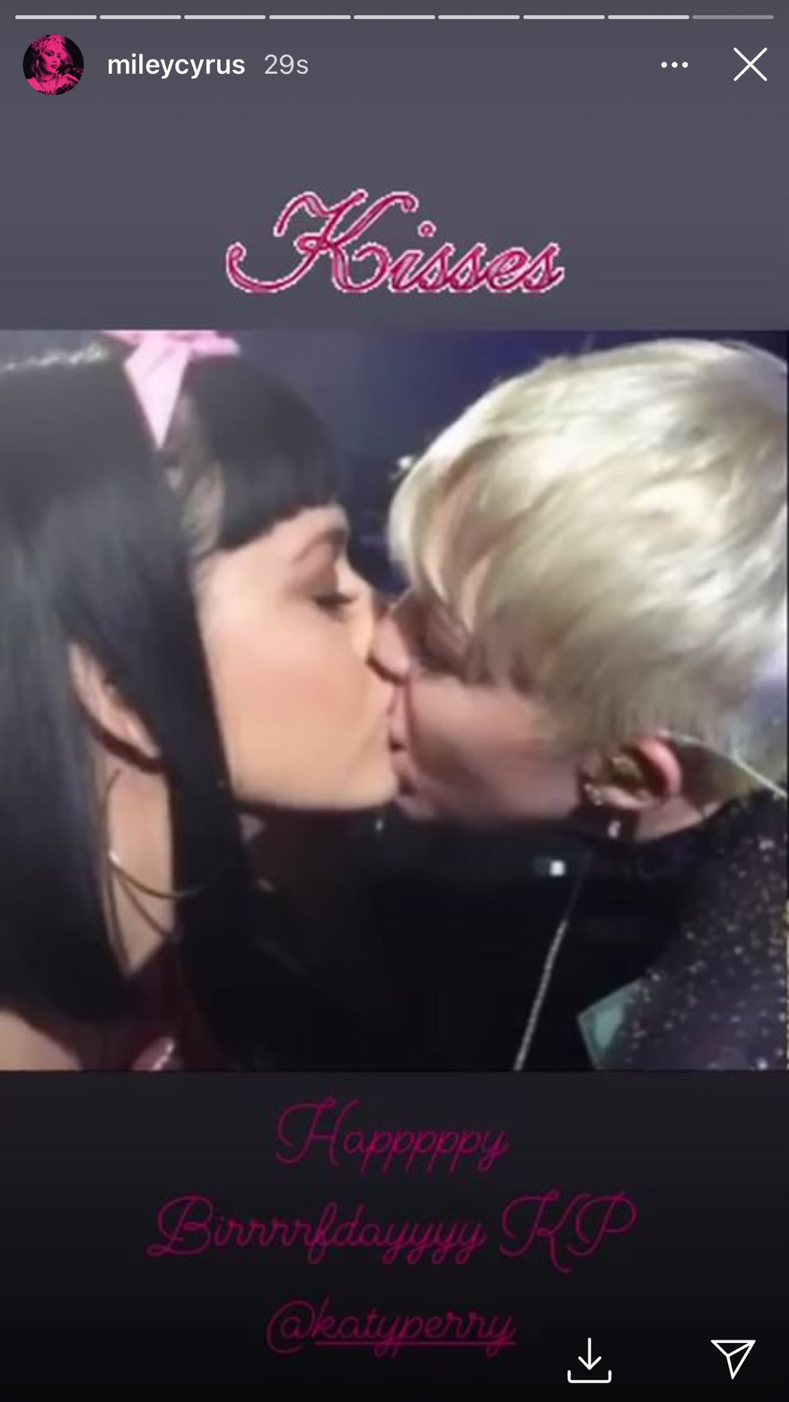 Miley Cyrus wishing Katy Perry a Happy Birthday on her Instagram story    