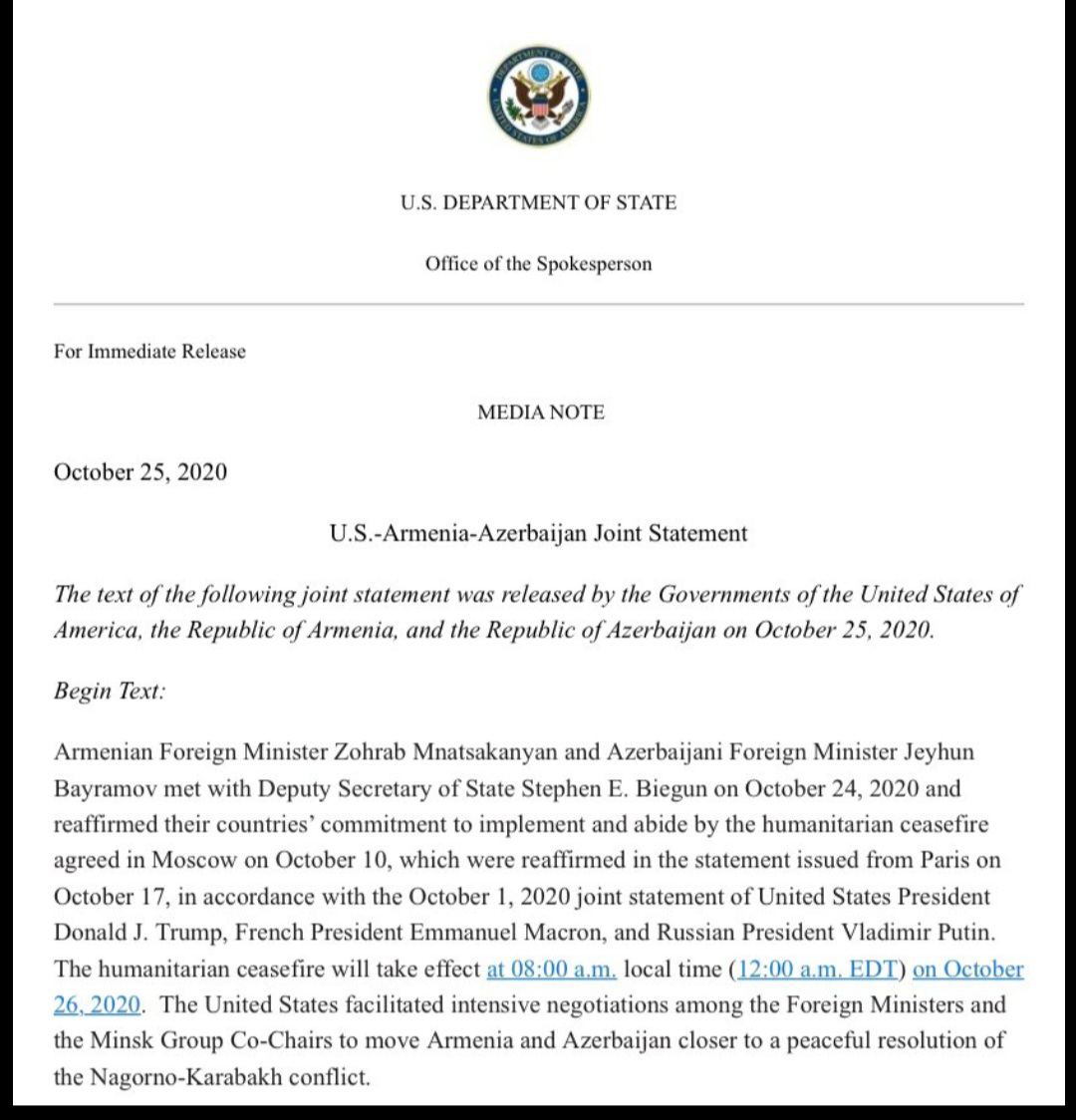 IsmailAbdulayev's tweet photo. Hum.ceasefire, third attempt, facilitated by #USA. followed by statement of #OSCEMinskGroup that called sides to abide Moscow agreements on hum. ceasefire (didn't last even 1h) and resume substantive neg-ons and announced meeting of For.Min. in Geneva Oct.29th 
 #NKpeace #NKwar https://t.co/Z7n4Iq5VtI
