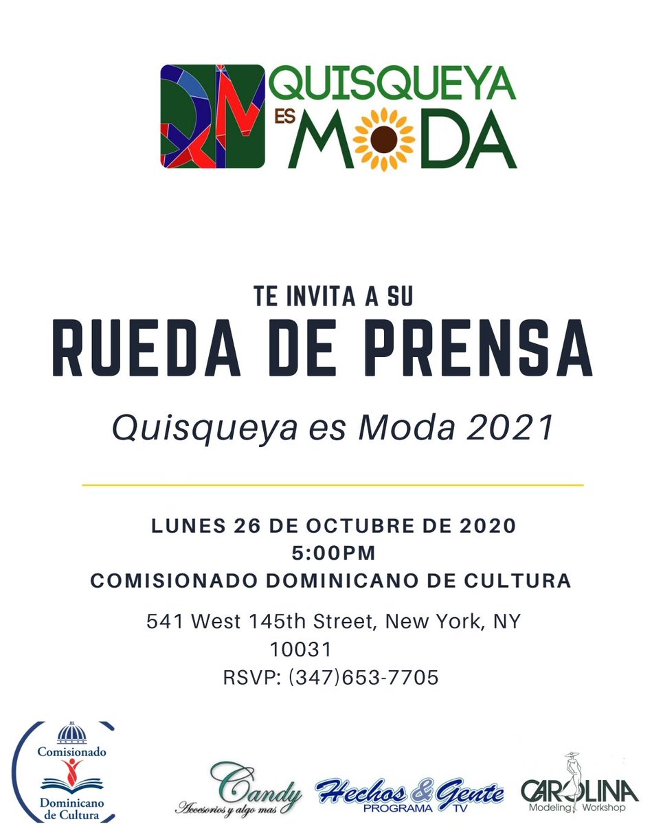 codocul1's tweet photo. Invitación a los Medios de Comunicación a la Rueda de Prensa de Quisqueya Moda.
Los medios que deseen participar deben comunicarse llamando al 347-653-7705 @quisqueyaesmoda @LourdesBatista7 #moda #cultura #codocul #modard https://t.co/zpoY0Ip3XF