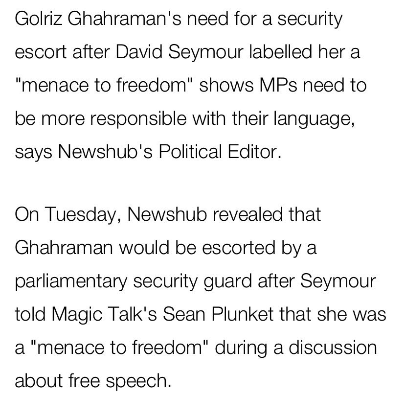 This was framed as a “scrap” by Stuff and the quote was “menace to freedom”, not “menace” - Ghahraman needed a *security escort* after he said these things on a radio station that strongly caters to people who are 100% on board with women, & woc in particular being a threat.