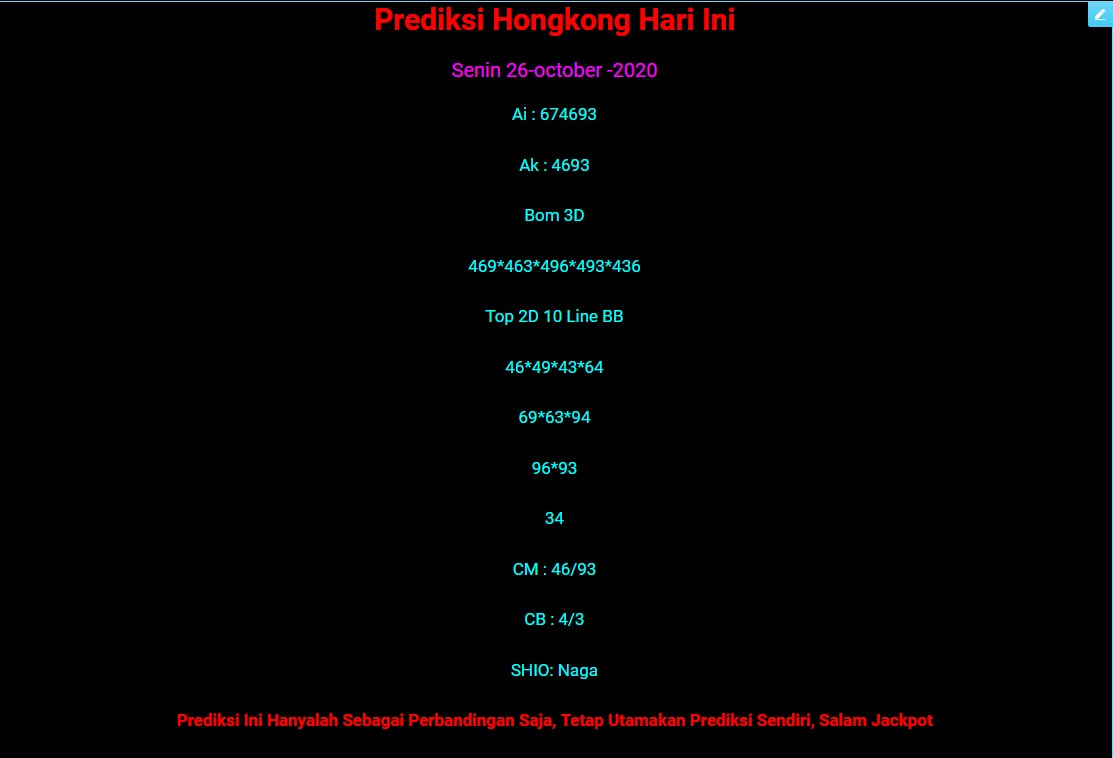 hondatoto1's tweet photo. Prediksi Hongkong Tanggal 26 October 2020 :
#togelonline
#togelhk
#togelsgp
#togelsydney
#bandartogel
#bandaronline
#prediksitogel
#prediksihk
#prediksisgp
#prediksisydney
#togelterpercaya
#depositpulsa
#depositviapulsa
#agencasino
#agenjuditogel
#agencasinoterbaik
#Bandarcasino https://t.co/CTtg7muS9i