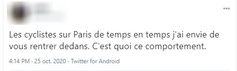 n°224. Les envies de violences envers les cyclistes ne sont pas réservées aux départementales, elles touchent également les grandes villes.