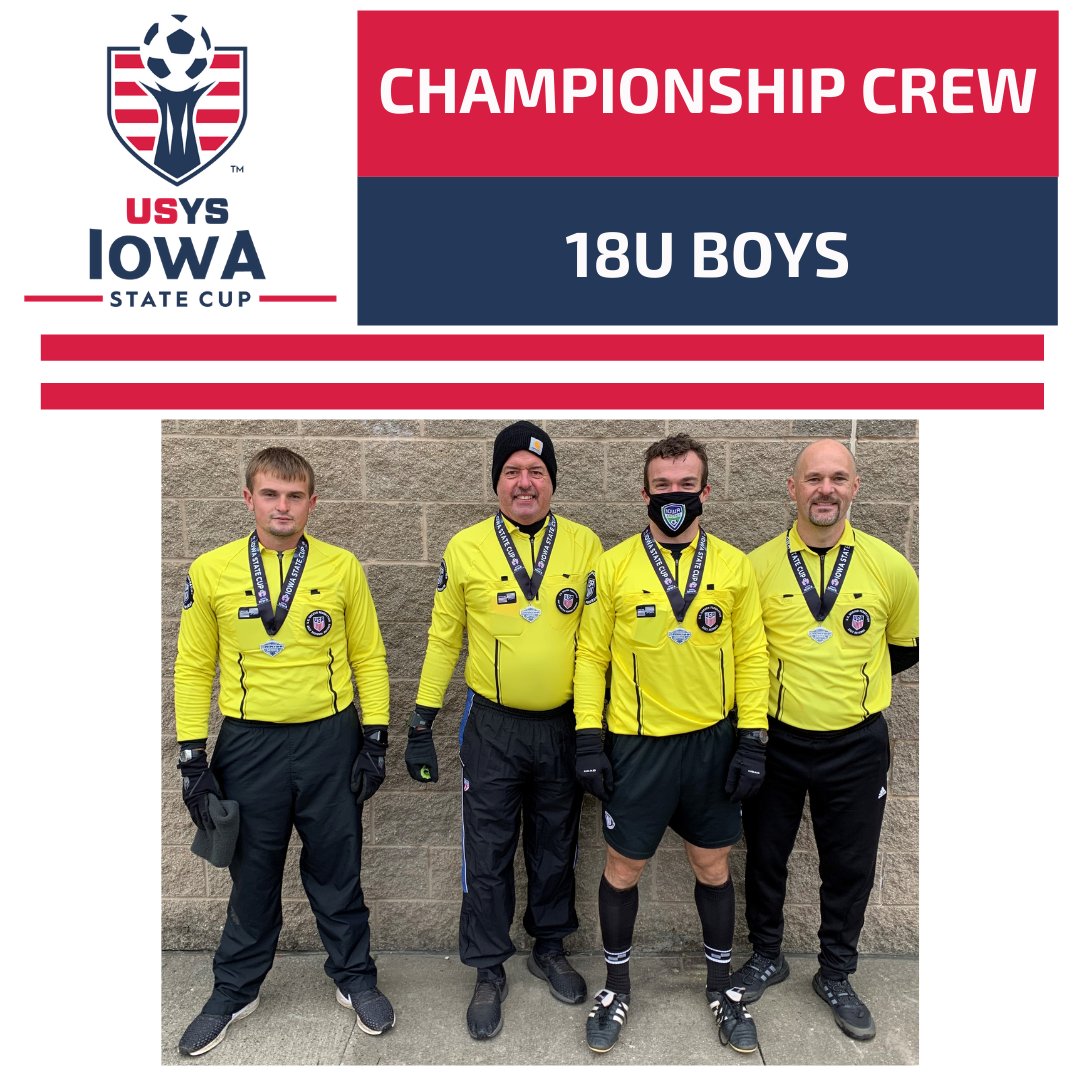 IowaSoccer's tweet photo. Congratulations to our 18U Boys Iowa State Cup Official Crew - Andrew Dosh, Thom Horton, Charles Woodcock, Rich Hudnut #iowasoccer #IAStateCup #usys #statecup #refereepathway #roadtoAZ https://t.co/ClzTWcy6Ga