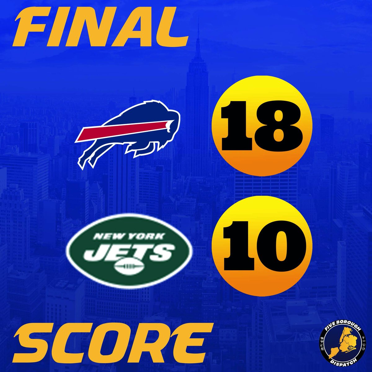 BoroughDispatch's tweet photo. FINAL SCORE: BUF 18 NYJ 10. Jets remain winless (0-7) as the Bills go to 5-2. https://t.co/OvQ0v9c17v