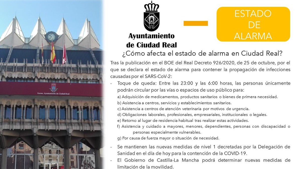 🤷🏼 ¿Cómo afecta a Ciudad Real el estado de alarma decretado hoy? 
👉Entre las 23 y las 6 horas habrá toque de queda🚷
💡Te lo explicamos aquí ⬇️
