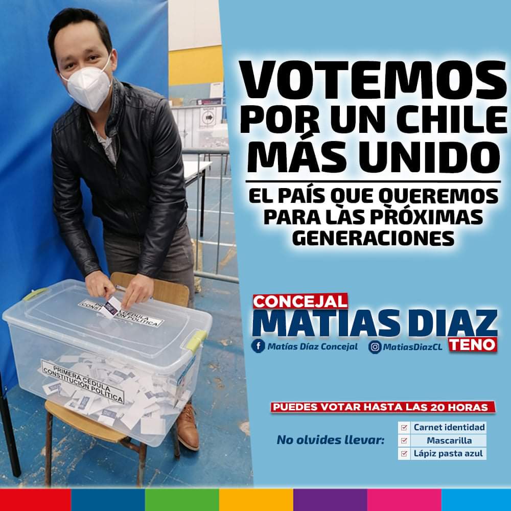 Votes apruebo o rechazo, #QueremosLoMejorParaChile!

Que el respeto y la tolerancia nos muevan a votar en paz y participar de este histórico plebiscito.

En #TenoVamosContigo por el Chile que nos une!

#ConcejalMatíasDíaz #Plebiscito2020
