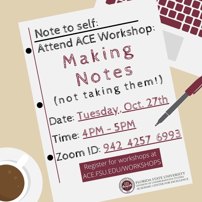 FSU_ACE's tweet photo. This week ACE will be presenting a Note Taking workshop 📝and a Writing workshop 💻for FSU students! Make sure you register in advance at https://t.co/ipQlXQJy1y ! #ACEWorkshops #VirtualFSU #NoteTaking #WritingWorkshops https://t.co/cnYWdh2Mm7