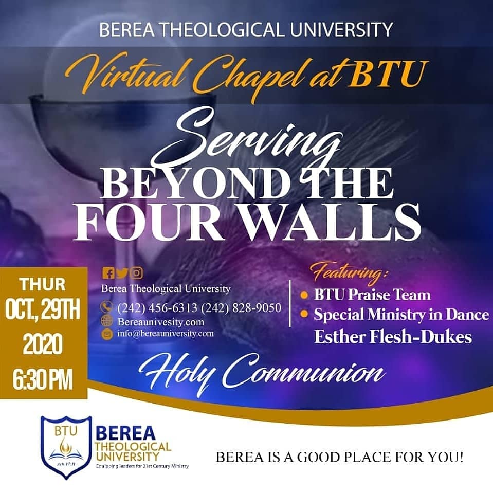 Hey friends, you are invited to join us at Virtual Chapel at BTU on Thursday, October 29th 2020, at 6:30pm.

Our guest speaker will be Dr. Jewel M. London, Pastoral Assistant to Dr. Ralph D. West, The Church Without Walls, Houston, Texas. 

BEREA IS A GOOD PLACE FOR YOU!